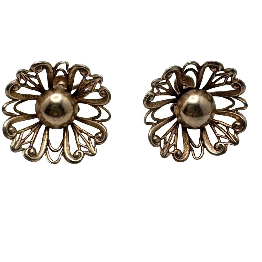 1940s Vtg Earrings Ornate Filigree Flower Screw Back Silver Tone Victorian 1"